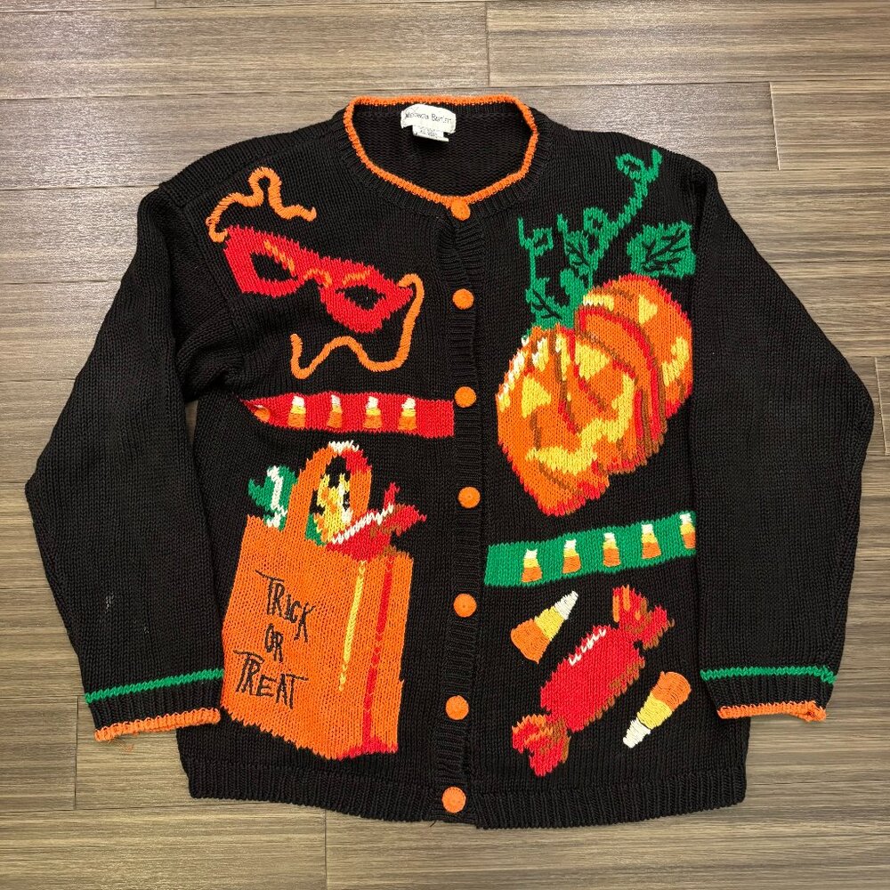 Vtg Alexandra Bartlett Halloween Trick or Treat Pumpkin Cardigan Sweater Medium